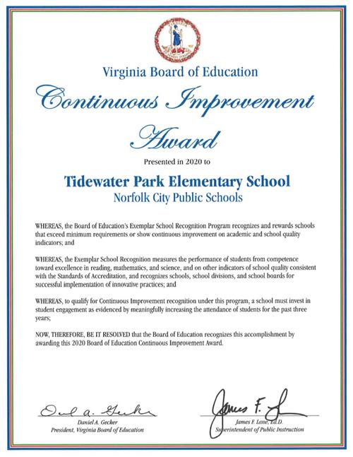 Congratulations to the Eagles of Tidewater Park Elementary School for receiving the 2020 Board of Education's Continuous Impr Congratulations to the Eagles of Tidewater Park Elementary School for receiving the 2020 Board of Education's Continuous Impr